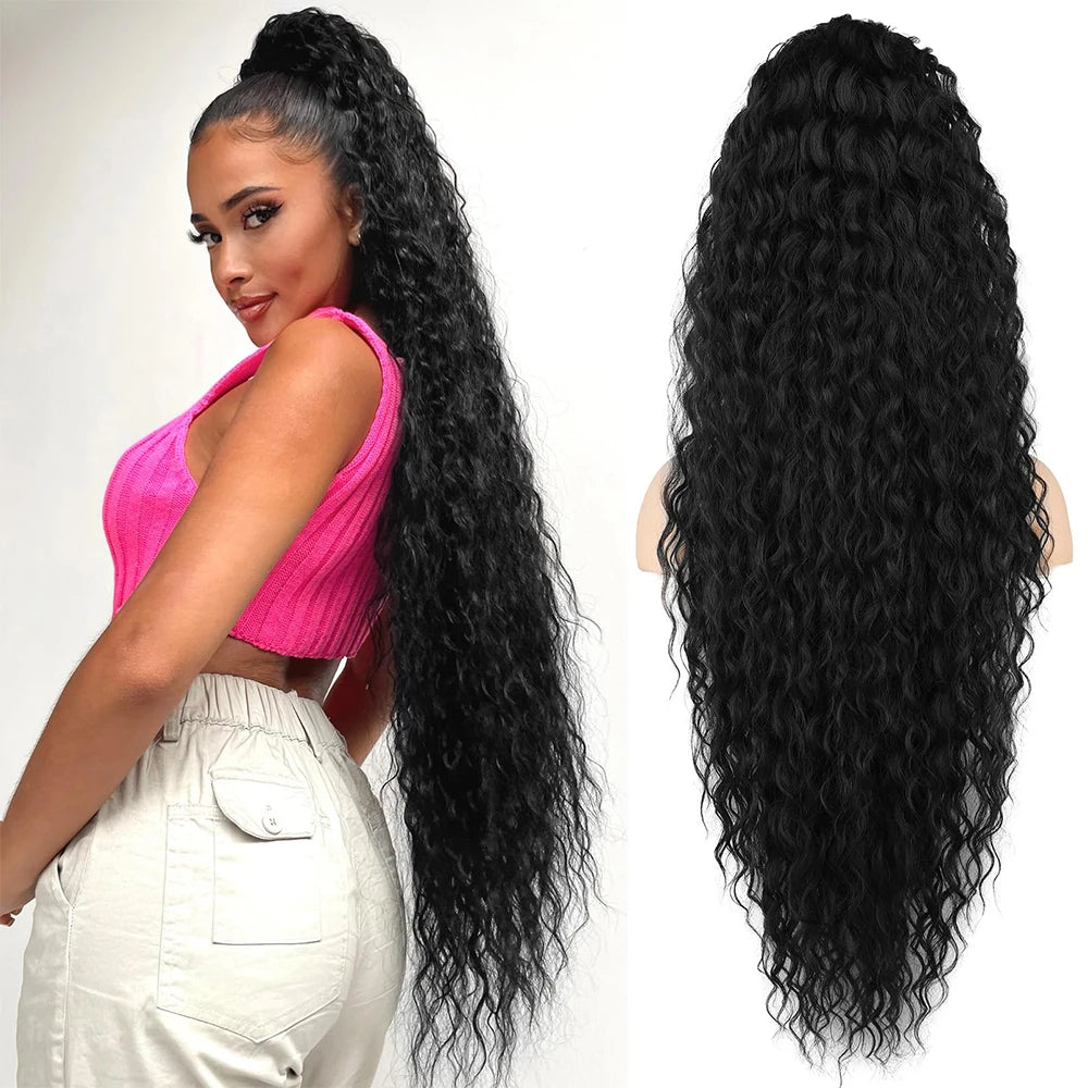 36 Inch Drawstring Ponytail Extension Synthetic Black Long Curly Hairpiece