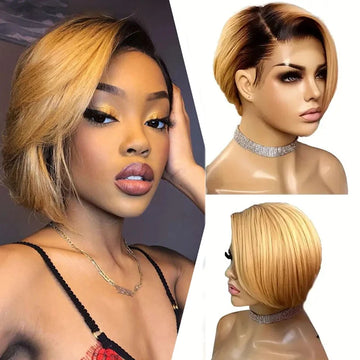 Pixie Short Bob Human Hair Wig Ombre T1B/27 Lace Front Straight