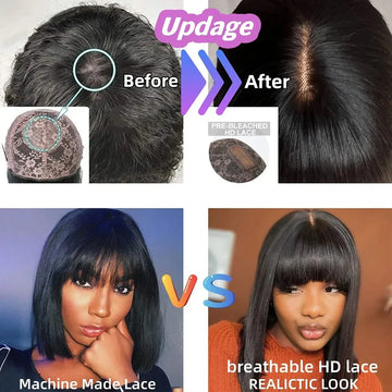 Middle Part 3x1 HD Lace Wig Bone Straight with Bangs Short Bob Machine Made