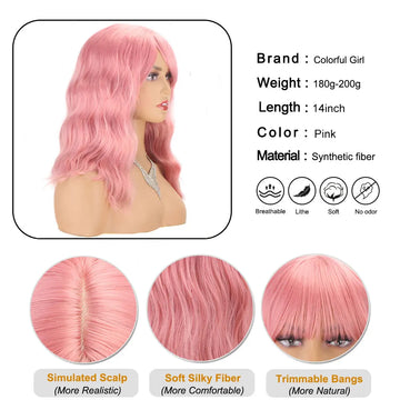 Short Wavy Bob Wig with Bangs Pink Shoulder-Length Heat Resistant