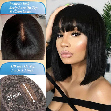 Wiggogo 3x1 Middle Part Lace Wig Bone Straight with Bangs Machine Made