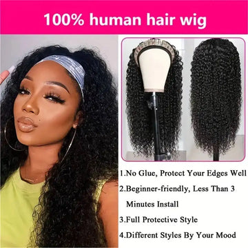 Kinky Curly Headband Wig 180% Density Human Hair Glueless Malaysian Remy