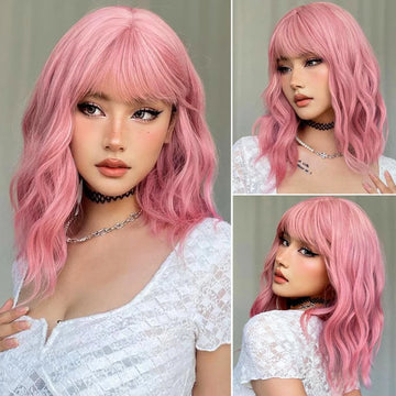 Short Wavy Bob Wig with Bangs Pink Shoulder-Length Heat Resistant