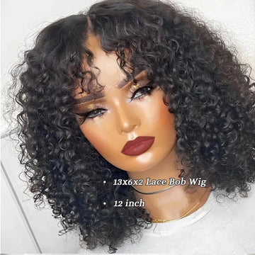 Brazilian Deep Curly Bob Wig Natural Black 13x6 HD Lace Front Highlight