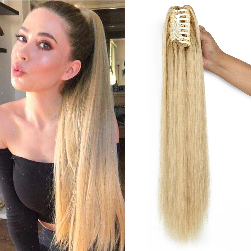 Synthetic Long Straight Claw Clip-On Ponytail 24 Inch Heat Resistant